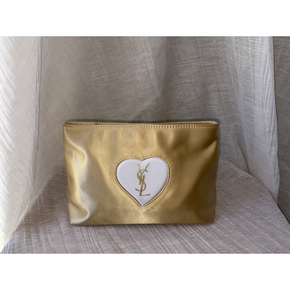 Vintage YSL Yves Saint Laurent Parfums Gold Satin Heart CosmeticPouch Makeup Bag